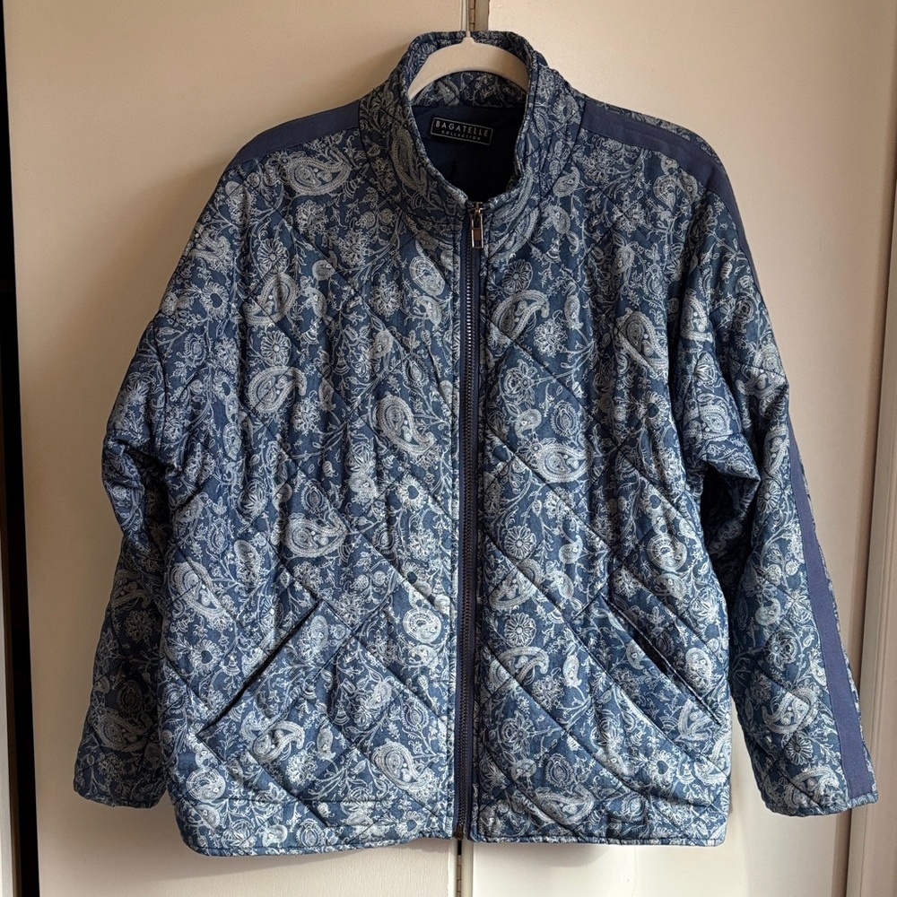 Stylish Blue Paisley Quilted Puffer Jacket XL